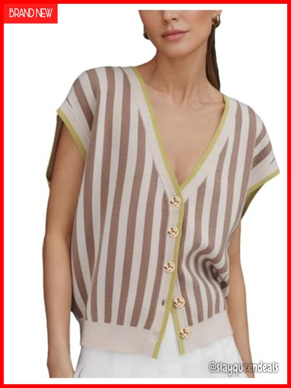 Womens Striped Knit Cardigan Cap Sleeve Sweater Vest Oversized